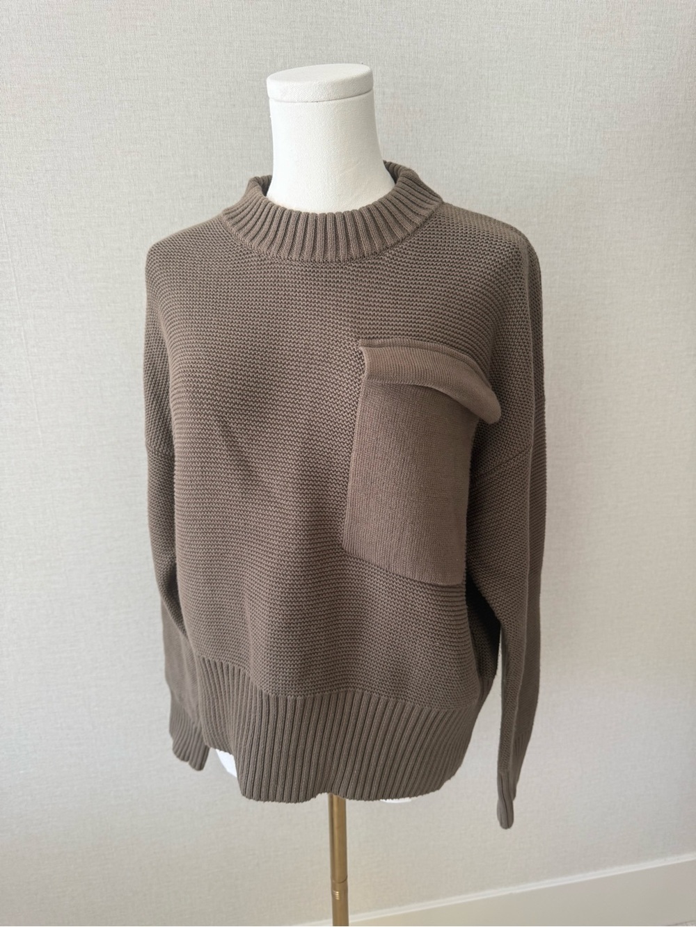 Varley Taupe Brown Crewneck Sweater with Front Patch Pocket
